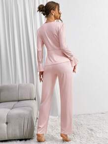 女款拼布蕾絲睡衣套裝 - 粉色 - 查看 6