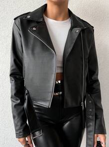 EURMUSE Women's Front Zipper Belted Pu Moto Jacket - Black - View 2
