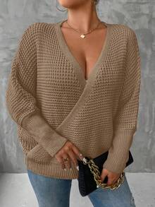 Celure 大尺寸純色v領蝙蝠袖毛衣,不帶cami上衣 - 卡其色 - 查看 3