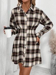 SHEIN LUNE In kẻ sọc Thả vai Chi tiết xếp li Váy sơ mi - Cà phê - Xem 4