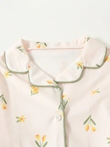 SHEIN Tween Girl Solid Cami Top & Floral Print Pants & Button Front Shirt PJ Set - White - View 7