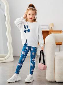 SHEIN 年輕女孩蝴蝶結前落肩保暖運動衫和卡通圖案緊身褲 - 藍白色 - 查看 6