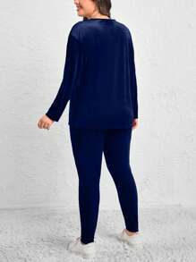 SHEIN LUNE Plus Size Women's Velvet Top And Leggings Two Piece Set - Navy Blue - View 3