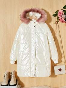 SHEIN Tween Girl Fuzzy Trim Hooded Drop Shoulder Zipper Padded Coat - White - View 1