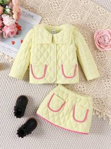 Baby Girl Contrast Binding Quilted Jacket & Skirt