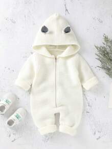 Đứa bé trai Thiết kế tai 3D Dây kéo áo có mũ Đan Áo liền quần - trắng - Xem 1