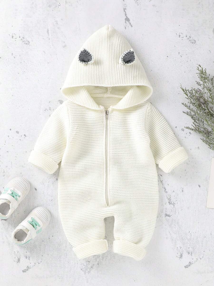 Đứa bé trai Thiết kế tai 3D Dây kéo áo có mũ Đan Áo liền quần - trắng - Xem 1