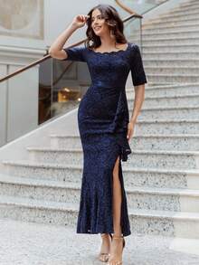 Đầm dự tiệc tối xẻ đùi cổ thuyền ren đầy đủ - Màu xanh hải quân - Xem 5