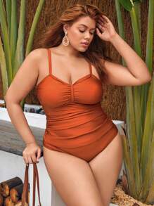 SHEIN Swim Curve Women's Plus Size Ruched Hollow Out Bikini Set Summer - Mocha Brown - View 3
