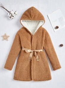 Teen Girls' Double Layer Thick Fleece Long Sleeve Hooded Jacket, Keep Warm - Khaki - View 1