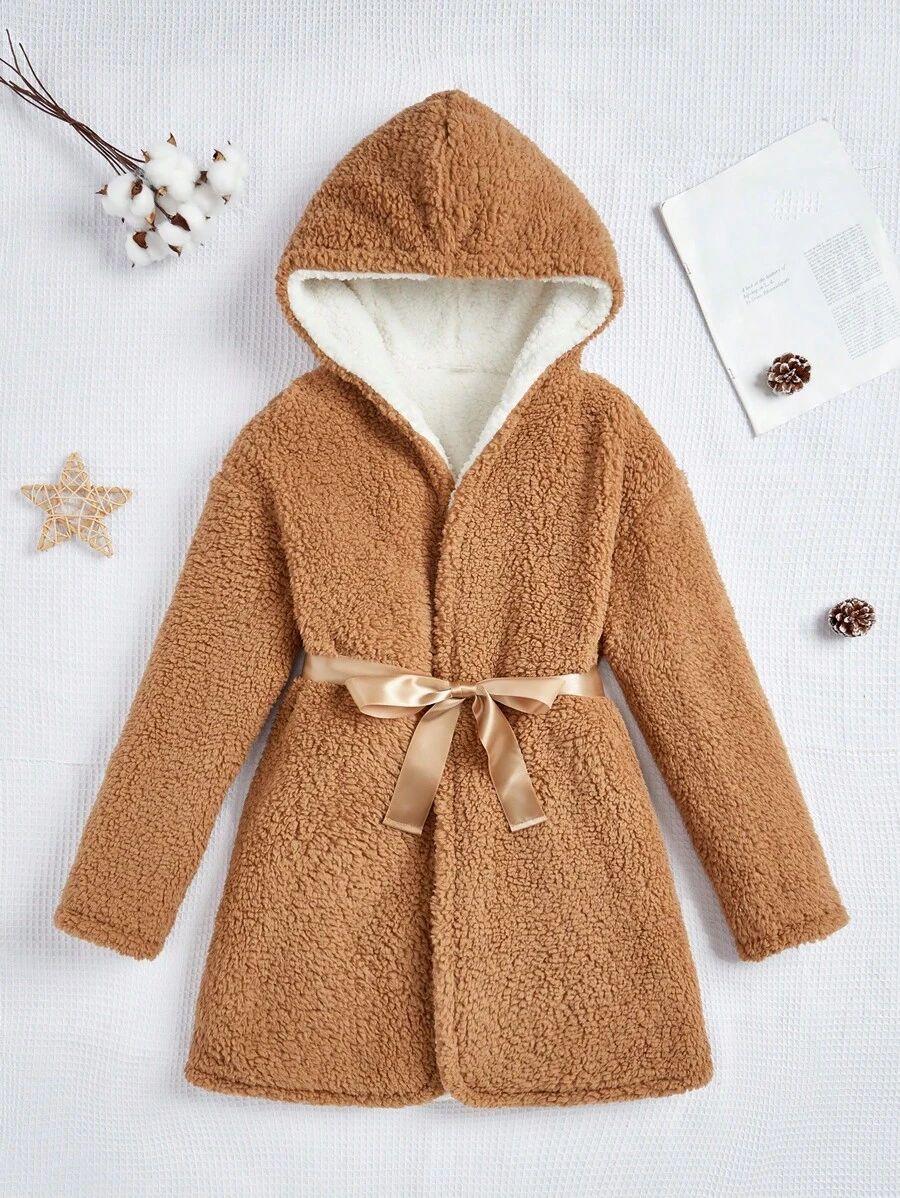 Teen Girls' Double Layer Thick Fleece Long Sleeve Hooded Jacket, Keep Warm - Khaki - View 1