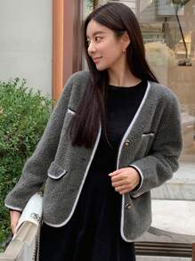 DAZY 對比色口袋前扣teddy夾克 - 灰色 - 查看 7