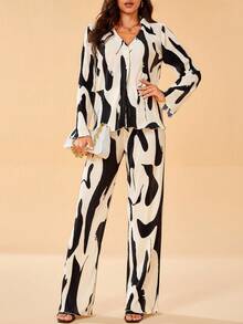 SHEIN Tall Pantalones con blusa con estampado de manga amplia - Blanco y Negro - Ver 4