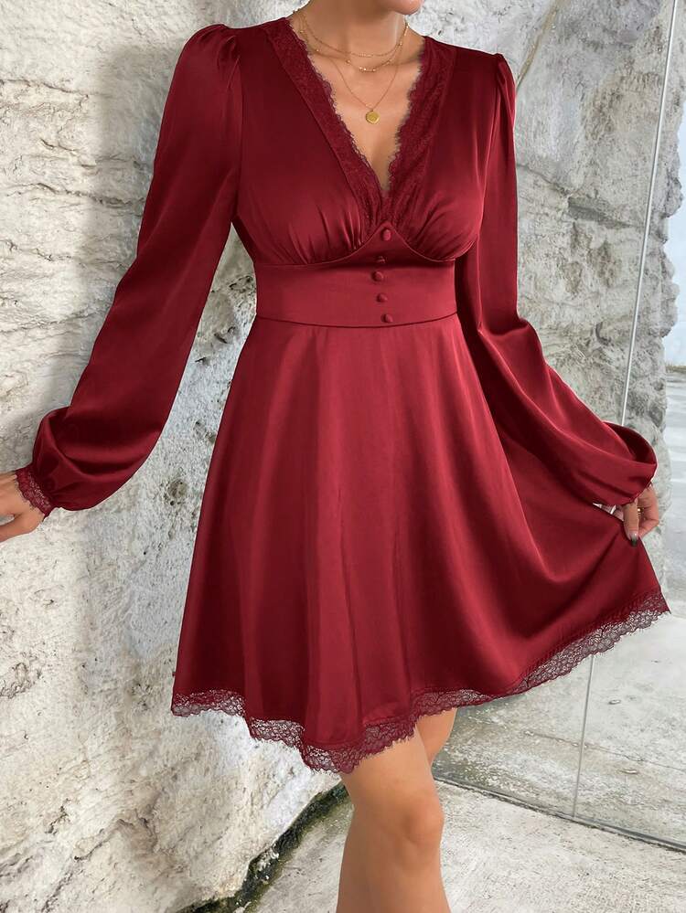 Contrast Lace Deep V Neck Lantern Sleeve Dress