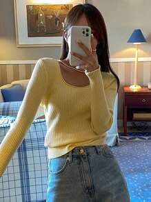 DAZY Solid Scoop Neck Ribbed Knit Sweater,Long Sleeve Tops,Fall Women Clothes - Yellow - View 4