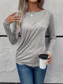 SHEIN LUNE 素色側收褶T恤 - 灰色 - 查看 1