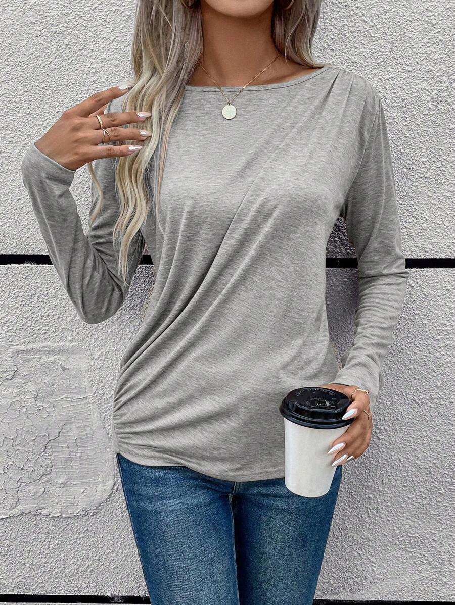 SHEIN LUNE 素色側收褶T恤 - 灰色 - 查看 1