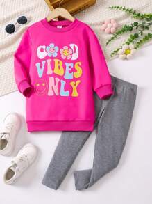 SHEIN 女小童標語圖案加絨內裏運動衫&緊身打底褲