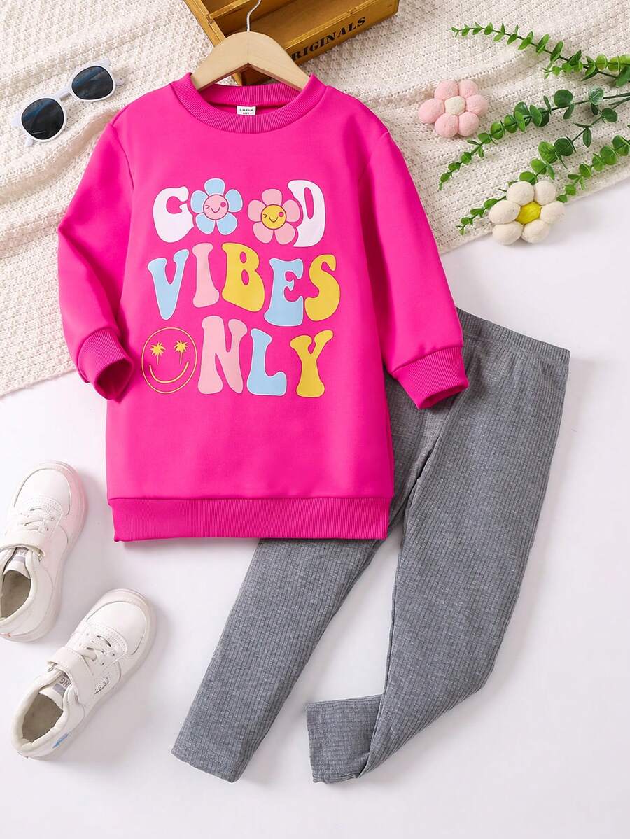 SHEIN 女小童標語圖案加絨內裏運動衫&緊身打底褲