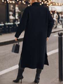 SHEIN LUNE 大碼高領落肩袖下擺開叉套頭毛衣 - 寶藍色 - 查看 2