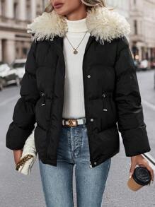 SHEIN Unity Fuzzy Trim Zipper Up Padded Padded Coat Clothes Winter - Black - View 6