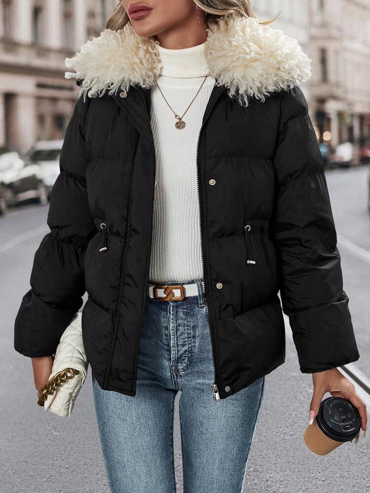 Fuzzy Trim Zipper Up Padded Padded Coat Clothes Winter