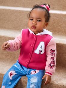 SHEIN Baby Girls' Casual Color Block Baseball Jacket With Thermal Lined - Pink - View 6