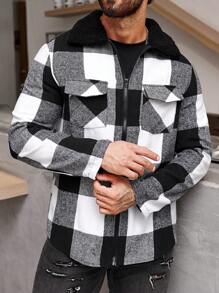 Manfinity Homme 1 Miếng Nam Lỏng lẻo phù hợp In kẻ sọc Buffalo Áo khoác kiểu sơ mi Với Flap túi Và Zip Khép kín - Đen và trắng - Xem 5