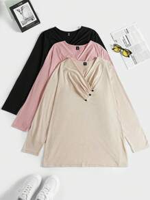 SHEIN LUNE Plus 3pcs Solid Button Detail Tee - Multicolor - View 1