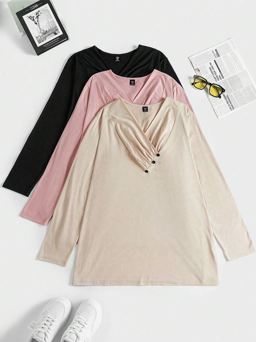 SHEIN LUNE Plus 3pcs Solid Button Detail Tee - Multicolor - View 1
