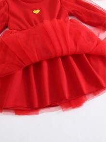 Baby Girl Heart Embroidery Mesh Overlay Dress - Red - View 6