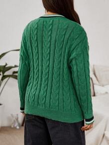 Flirla Plus Striped Trim Cable Knit Drop Shoulder Cricket Sweater - Army Green - View 2