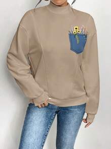 SHEIN Essnce 女式花朵圖案卡其色圓領套頭衫 - 卡其色 - 查看 5