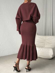 Chiquease Mermaid Style Hem Halter Neck Sweater Dress And Cardigan - Burgundy - View 2