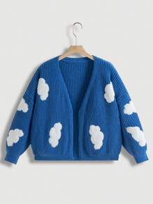 SHEIN Qutie 大码云朵图案落肩开衫 - 藍色 - 查看 1