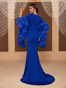 SHEIN Belle Women's Exaggerated Tiered Ruffle Sleeves Slim Fit Fishtail Evening Dress - Blue - View 4