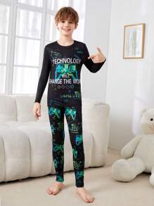 SHEIN Leap Crew Tween Boy Reflective Gamepad & Slogan Graphic Tee & Pants Snug Fit PJ Set - Black - View 6