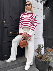 RueChic Striped Pattern Drop Shoulder Sweater & Knit Pants - Multicolor - View 1