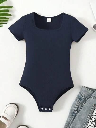 SHEIN Sparklyn Tween Girls' Knitted Solid-Colored Short Sleeve Bodysuit, Versatile Street Style Summer Outfit, Navy Blue Summer Holiday