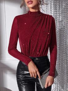 SHEIN BAE Mock Neck Glitter Top - Burgundy - View 4
