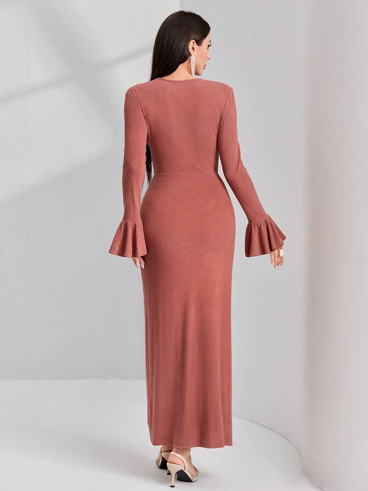 Pink Ruffle Sleeve Drawstring Waist Dress