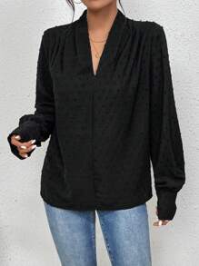 SHEIN Essnce 圓點燈籠袖襯衫 - 黑色 - 查看 4