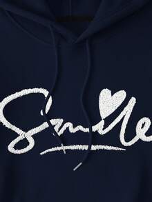 SHEIN EZwear Của phụ nữ Kích thước lớn Thêu Chữ Túi kangaroo Áo nỉ có mũ Với dây rút - Màu xanh hải quân - Xem 8