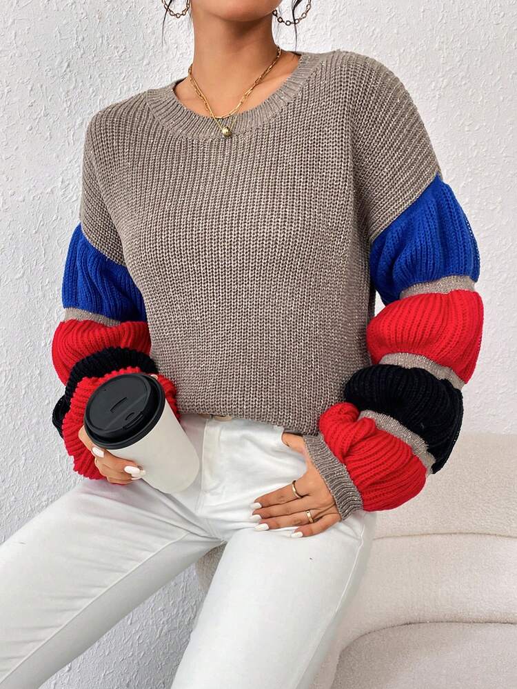 Color Block Drop Shoulder Knit Pullover Fall Winter Sweater