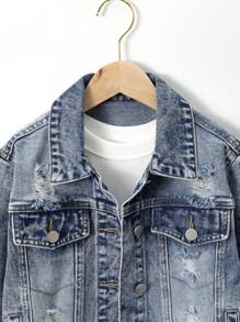 Tween 女孩中型水洗藍色短版仿舊牛仔夾克 - 中等水洗藍 - 查看 3