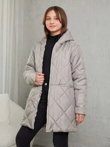 SHEIN Cottnline معطف مبطّن بماسة مزدوجة مع غطاء رأس وسحّاب أمامي للفتيات ما بين سن 8 و 14 - بيج - مشاهدة 4