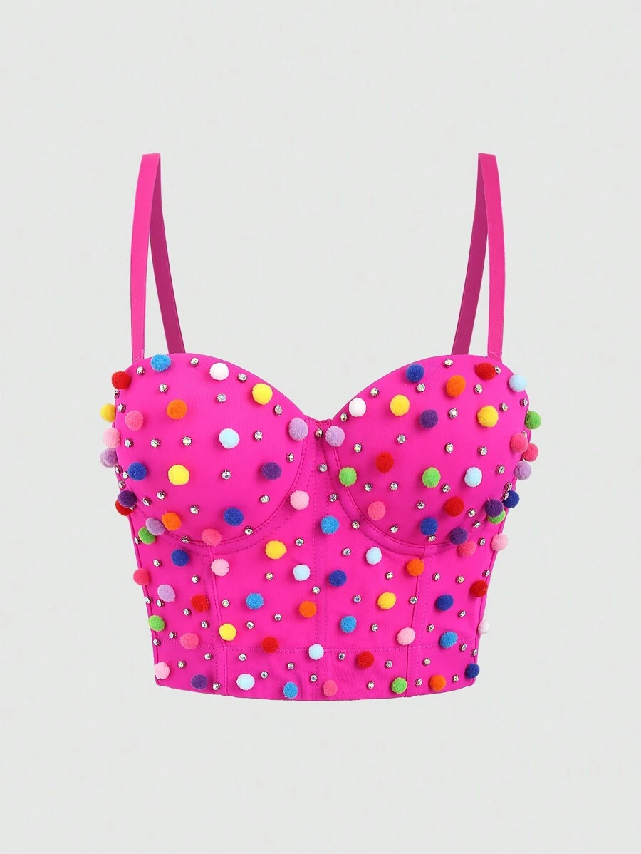 SHEIN Unity 女式毛球和鑽石裝飾背心 - 玫紅色 - 查看 1