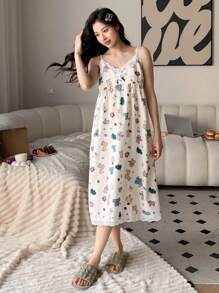 DAZY Cartoon Graphic Contrast Lace Cami Nightdress Pajama - Beige - View 4