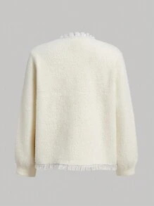 SHEIN MOD Women'S Long Sleeve Cardigan Contrasting Collar And Frilled Hem - White - View 2