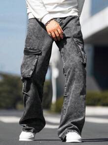 Manfinity Roghcode Men's Cargo Jeans Baggy Long Acid Wash Jean Plain Dark Grey Party Y2K Rapper - Grey - View 6